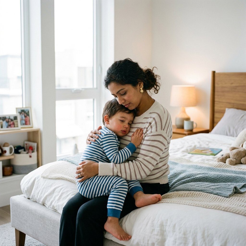 Mother comforting sick child